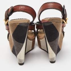 Burberry Brown Canvas and Leather Wedge Sandals Size 38