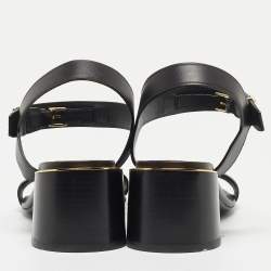 Pre Owned Burberry Black Leather TB Buckle Ankle Strap Block Heel Sandals Size 38