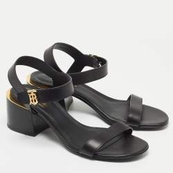 Pre Owned Burberry Black Leather TB Buckle Ankle Strap Block Heel Sandals Size 38
