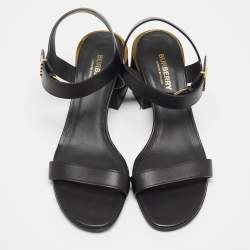 Pre Owned Burberry Black Leather TB Buckle Ankle Strap Block Heel Sandals Size 38