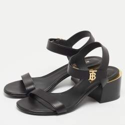 Pre Owned Burberry Black Leather TB Buckle Ankle Strap Block Heel Sandals Size 38