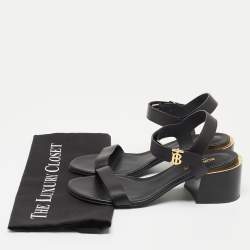 Pre Owned Burberry Black Leather TB Buckle Ankle Strap Block Heel Sandals Size 38