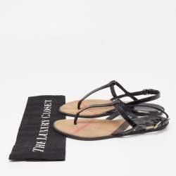 Pre Owned Burberry Black Patent Leather Thong Flat Sandals Size 36