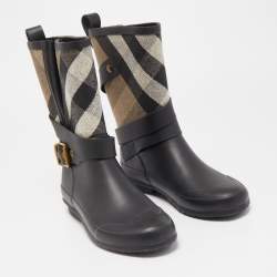 Pre Owned Burberry Black Nova Check Detail Belted Rain Boots Size 35