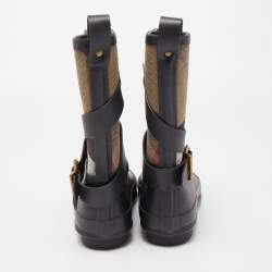 Pre Owned Burberry Black Nova Check Detail Belted Rain Boots Size 35