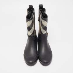 Pre Owned Burberry Black Nova Check Detail Belted Rain Boots Size 35