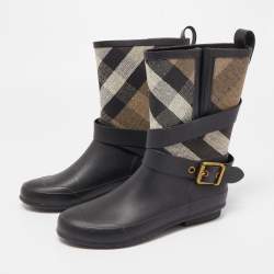 Pre Owned Burberry Black Nova Check Detail Belted Rain Boots Size 35