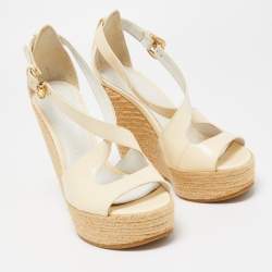 Pre Owned Burberry Cream Patent Peep Toe Wedge Espadrilles Sandals Size 36.5