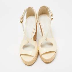 Pre Owned Burberry Cream Patent Peep Toe Wedge Espadrilles Sandals Size 36.5