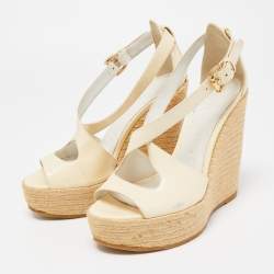 Pre Owned Burberry Cream Patent Peep Toe Wedge Espadrilles Sandals Size 36.5