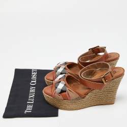 Burberry Brown Leather and Nova Check Canvas Buckle Detail Wedge Sandals Size 38