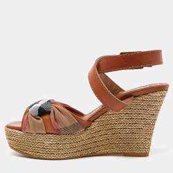Burberry Brown Leather and Nova Check Canvas Buckle Detail Wedge Sandals Size 38