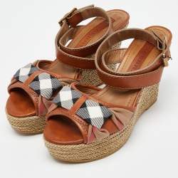 Burberry Brown Leather and Nova Check Canvas Buckle Detail Wedge Sandals Size 38