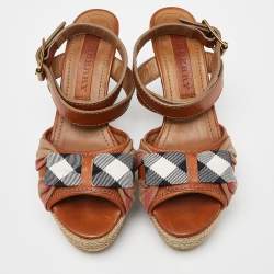 Burberry Brown Leather and Nova Check Canvas Buckle Detail Wedge Sandals Size 38