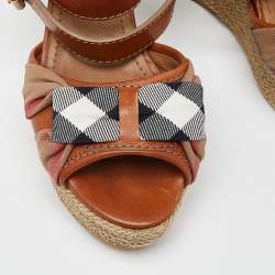 Burberry Brown Leather and Nova Check Canvas Buckle Detail Wedge Sandals Size 38