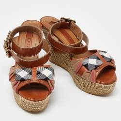 Burberry Brown Leather and Nova Check Canvas Buckle Detail Wedge Sandals Size 38