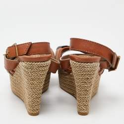 Burberry Brown Leather and Nova Check Canvas Buckle Detail Wedge Sandals Size 38
