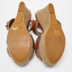 Burberry Brown Leather and Nova Check Canvas Buckle Detail Wedge Sandals Size 38
