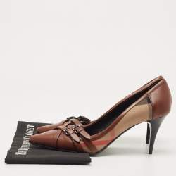 Pre Owned Burberry Brown Leather and Nova Check Canvas Pointed Toe Pumps Size 41