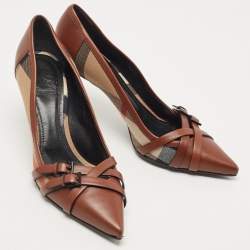 Pre Owned Burberry Brown Leather and Nova Check Canvas Pointed Toe Pumps Size 41