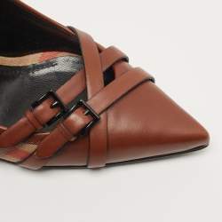 Pre Owned Burberry Brown Leather and Nova Check Canvas Pointed Toe Pumps Size 41