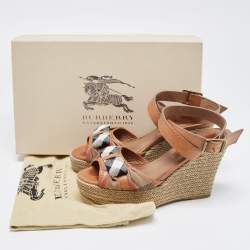 Burberry Brown Leather and Canvas Wedge Espadrilles Ankle Wrap Sandals Size 39.5