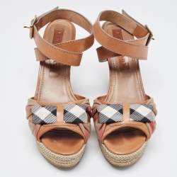 Burberry Brown Leather and Canvas Wedge Espadrilles Ankle Wrap Sandals Size 39.5