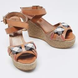 Burberry Brown Leather and Canvas Wedge Espadrilles Ankle Wrap Sandals Size 39.5