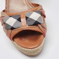 Burberry Brown Leather and Canvas Wedge Espadrilles Ankle Wrap Sandals Size 39.5