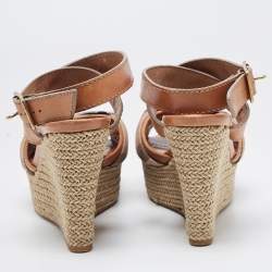 Burberry Brown Leather and Canvas Wedge Espadrilles Ankle Wrap Sandals Size 39.5