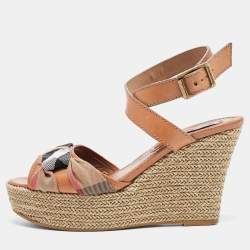 Burberry Brown Leather and Canvas Wedge Espadrilles Ankle Wrap Sandals Size 39.5