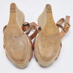 Burberry Brown Leather and Canvas Wedge Espadrilles Ankle Wrap Sandals Size 39.5