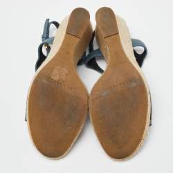 Burberry Blue/Brown Leather and House Check Canvas Espadrille Wedge Ankle Strap Sandals Size 38