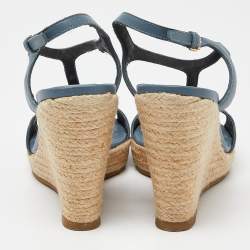 Burberry Blue/Brown Leather and House Check Canvas Espadrille Wedge Ankle Strap Sandals Size 38