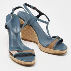 Burberry Blue/Brown Leather and House Check Canvas Espadrille Wedge Ankle Strap Sandals Size 38