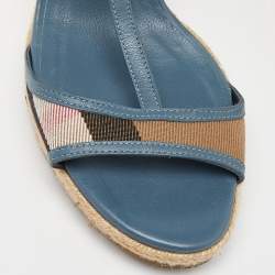 Burberry Blue/Brown Leather and House Check Canvas Espadrille Wedge Ankle Strap Sandals Size 38