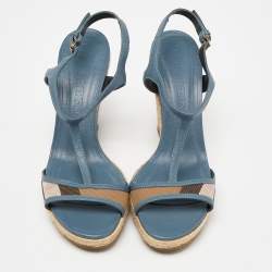 Burberry Blue/Brown Leather and House Check Canvas Espadrille Wedge Ankle Strap Sandals Size 38