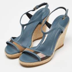 Burberry Blue/Brown Leather and House Check Canvas Espadrille Wedge Ankle Strap Sandals Size 38