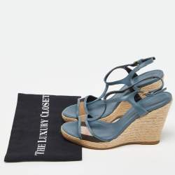 Burberry Blue/Brown Leather and House Check Canvas Espadrille Wedge Ankle Strap Sandals Size 38