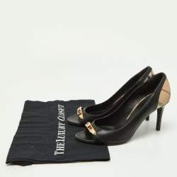 Burberry Black/Beige Leather and Check Coated Canvas Embellished Open Toe Pumps Size 37