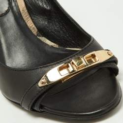 Burberry Black/Beige Leather and Check Coated Canvas Embellished Open Toe Pumps Size 37