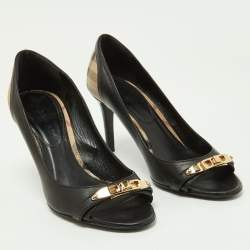 Burberry Black/Beige Leather and Check Coated Canvas Embellished Open Toe Pumps Size 37