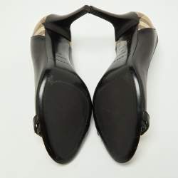 Burberry Black/Beige Leather and Check Coated Canvas Embellished Open Toe Pumps Size 37