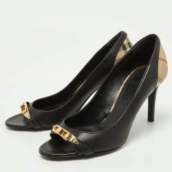 Burberry Black/Beige Leather and Check Coated Canvas Embellished Open Toe Pumps Size 37