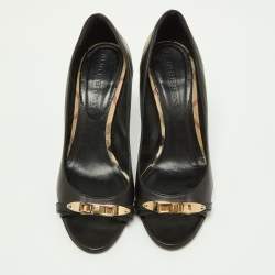 Burberry Black/Beige Leather and Check Coated Canvas Embellished Open Toe Pumps Size 37