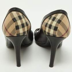 Burberry Black/Beige Leather and Check Coated Canvas Embellished Open Toe Pumps Size 37