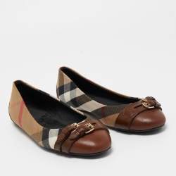 Burberry Brown House Check Canvas and Leather Buckle Ballet Flats Size 37
