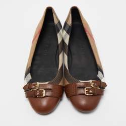 Burberry Brown House Check Canvas and Leather Buckle Ballet Flats Size 37