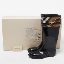 Burberry Black/Beige Rubber and Nova Check Canvas Rain Boots Size 36