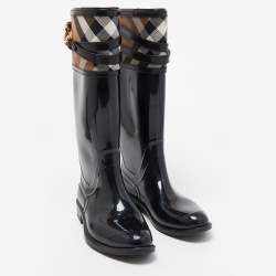Burberry Black/Beige Rubber and Nova Check Canvas Rain Boots Size 36